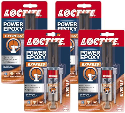 Loctite, Epoxy Express 1 Min Invisible Rapide, Colle Multi-matériaux, seringue 11ml (Lot de 4)