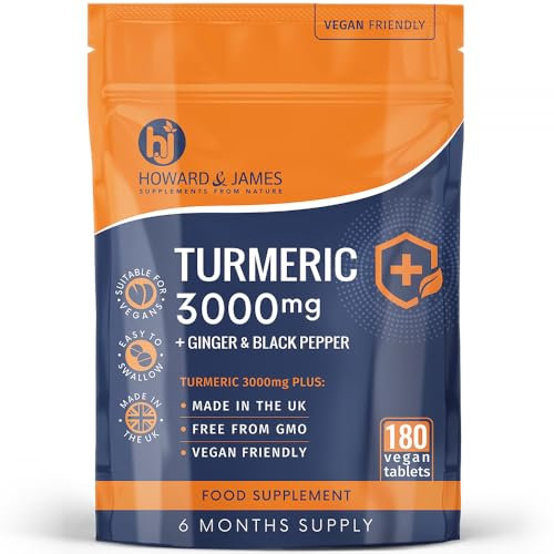 Turmeric 3000mg High Strength Supplement with Black Pepper and Ginger - 180 Vegan Tablets (Not Capsules) - Turmeric with Active Ingredient Curcumin - Made in The UK by Howard & James