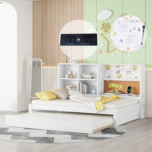 MQLAE Schlafsofa 90x200cm mit ausziehbarem Bett, USB-Ladeanschluss, Zeichenbrett, mehrere Staufächer, Tagesbett, Funktionsbett, Jugendbett, Bett mit Lattenrosten, ohne Matratze (Weiß)