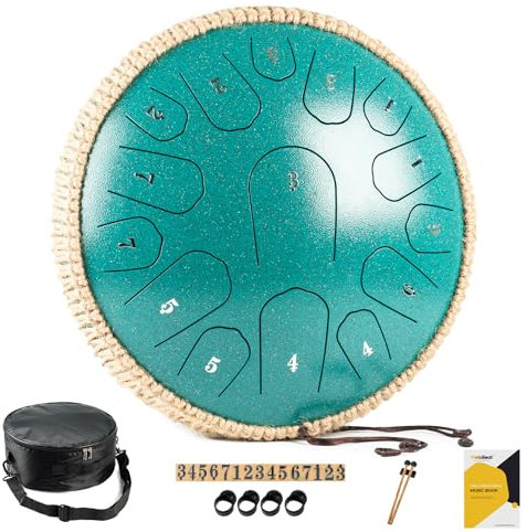 MeloBeat Zungentrommel 13 Zoll 15 Töne - Professionelles Steel Tongue Drum Handpan Set in D Dur inkl. Zungentrommel Liederbuch, Schlagzeug Sticks und Trommel Tragetasche (Grün)