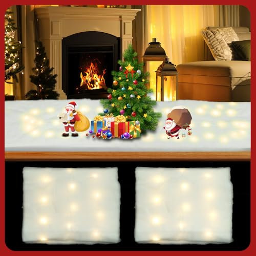 Christmas Snow Blanket With Warm Led Light,150CM*40CM Size Artificial Fake Snow Roll, Soft snow blanket for christmas village,Indoor Christmas Decorations For Table/Christmas tree/Fireplace (2PCS)