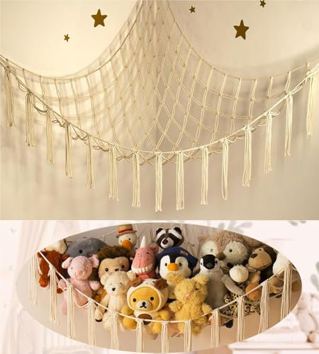 Stuffed Animal Storage Hammock - Baby Toy Hammock Net for Stuffed Animals Cute Room Decor -Large Stuff Animal Organizer Holder for Plush Plushie - Kids Nursery Beige Bedroom Home Decor