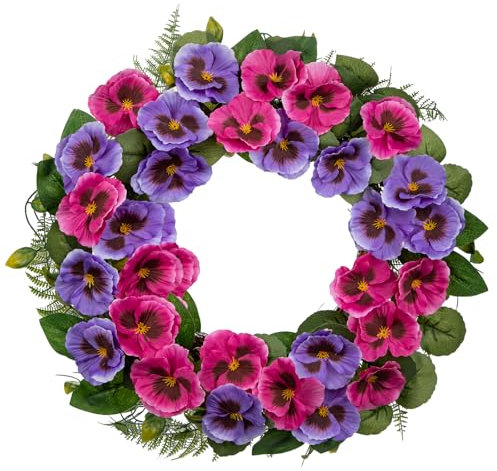Arborus Spring Wreaths for Front Door 16 Purple Artificial Pansy Flower Wreath Spring Summer Door Wreath Fake Silk Floral Wreaths with Green Leaves for Farmhouse Mantle Kitchen Décor