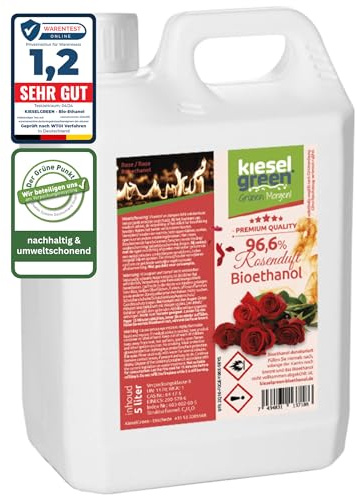KieselGreen Bioethanol 5 Liter mit Duft für Ethanol-Kamin, viele Sorten - Bio Ethanol als Raumduft in vielen Duftnoten - Parfüm für Bio Ethanol Kamin Indoor oder Bioethanol (Rosenduft, 5L)