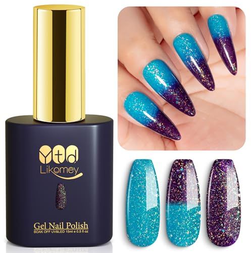 YTD Likomey UV Gel-lack Nagellack,15ml Glitter Ändrar Färg med Temperaturen Nagellack,Färgskiftande Manikyr Gel Polish,Kameleontfärg Gellack-Turkosblått till Mörklila WB505
