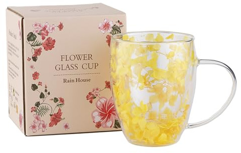Taza de cristal de doble pared de flores secas, tazas de café con flores estéticas, bonitas tazas de té aisladas con asa, resistentes al calor para mujeres, regalos para cumpleaños, día de la madre,