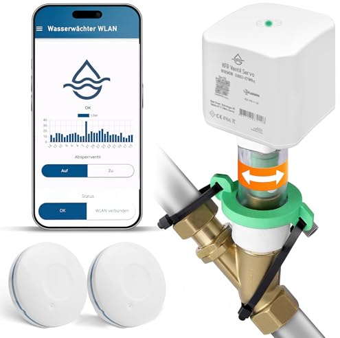 Wassermelder WLAN mit Abschaltung Hauptventil bei Alarm, LeakAlert 360, für Schrägventile, DIY-Installation ohne Klempner, Laute 50dB Alarm, 2 Funk-Wassersensoren, erweiterbar