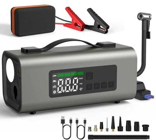 NEU MASTER 6-IN-1 Jump Starter Power Pack, 15200mAh Car Battery Booster with Tyre Inflator, 2500A Car Starter Power Bank for Self Driving Travel, Camping, Emergency(8.0L Gas/6.0L Diesel)