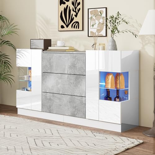 Elegantes Sideboard mit 2 Türen und 3 Schubladen – Hochglänzende weiße Fronten und Grauer Marmorlook, LED-Beleuchtung mit 16 Farben, 140 x 35 x 75 cm