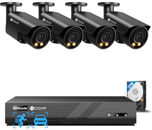 4COVR 4K Überwachungskamera Aussen Set, 8CH PoE NVR 2TB HDD, DLY37YB8M0804 | 4×8MP IP Bullet Kamera IP67, 2-Wege-Audio & Farb-Nachtsicht, Personen-/Fahrzeugerkennung, 24/7 Videoüberwachung