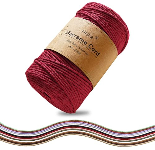 FOSER Fil de macramé de qualité supérieure 3 mm × 200 m, fil de coton, pour bricolage, décoration, artisanat, décoration murale bohème, rouge bordeaux