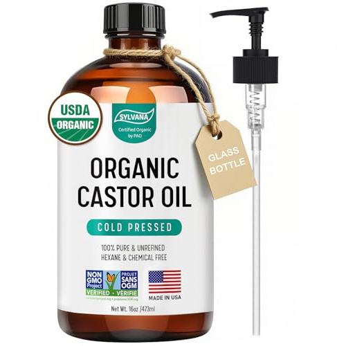 SYLVANA Organic Castor Oil with Pump (16oz Glass Bottle), USDA Certified Organic, Cold Pressed, Hexane Free, Vegan - 100% Pure Castor Oil for Hair Growth, Nourishing Skin, Lashes & Eyebrows