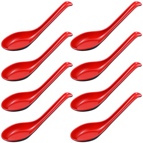 DOPENSPI 8PCS Asian Soup Spoons with Hook, 6.7in Red and Black Chinese Soup Spoons Japanese Ramen Spoon Chinese Wonton Soba Melamine Rice Pho Ramen Noodle Spoon