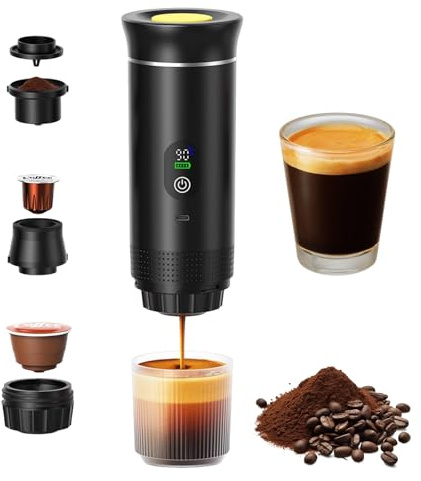 Jenmayt Mini Coffee Machine for Travel, Portable 3-in-1 Coffee Machine, 20 Bar, 12 V, USB Rechargeable, for Coffee Powder and Capsules, Instant Warming, for Camping, Travel, Office