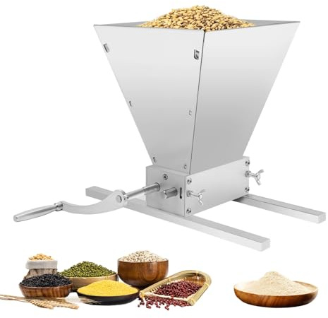 RjcdOPL 2 Roller Malt Mill, Adjustable Gap Manual Grain Mill with 4 L Hopper, Stainless Steel Body, Carbon Steel Rollers, Hand Crank or Drill-Driven, Heavy-Duty Barley Grinder for Homebrewing