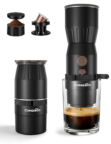 CONQUECO Cafetera Espresso Portátil 20 Bar – REQUIERE AGUA CALIENTE (No Calienta), Máquina 2 en1 para Cápsulas NS y Café Molido, Ligera 455g, USB-C, 250 Tazas por Carga – Para Viajes, Playa, Montaña