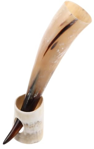 Healvian Jarra de Cuerno de Buey 380 Ml con Soporte de Madera Copa Grande para Hidromiel y Cerveza Vaso Decorativo Vintage Auténtico para Bar y Reuniones