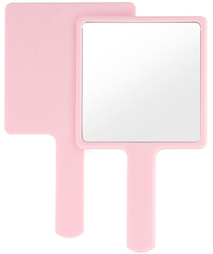 FooYee Handspegel, sminkspegel fyrkantig form, professionell handspegel med handtag, frisör rakspegel sminkspegel, fyrkantig fickspegel för handhållen, hem, resor (rosa)