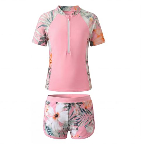 Keyck Girls Swimming Costume Two Piece Kids Swimsuit Short Sleeve 5-14 Year | Zip Rash Guard with Shorts, Padded Bra, Sun Protection, Quick Dry, Summer Beach Surfing Swimwear, Floral Print Bathing Suit