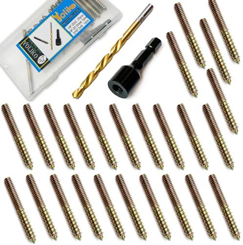 25 Pack 1/4-20 x2 Inch Hanger Bolts with Alloy-Steel Driver HSS Twist Drill Double Headed Bolts 1/4 Wood Dowel Screw Self-Tapping Hanger Bolts for Furniture