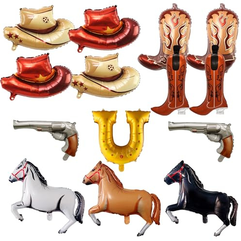 Cowboy-Luftballons, 14-teiliges Cowboy-Partydekorations-Ballon-Set, Cowboyhut-Folienballons + Pferde-Folienballons + Cowboy-Stiefel-Ballons für Cowboy-Themenparty-Dekorationen