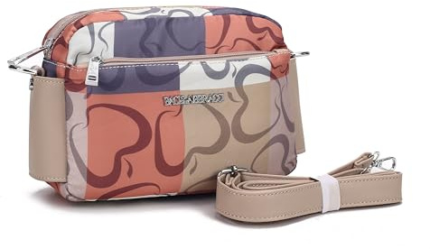 Borsa a Tracolla Donna in Nylon Leggero, Borsetta Messenger con Fantasia Logo Iconico e Tracolla in Pelle PU, Elegante Camera Bag per Viaggi, Tempo Libero e Shopping, Cachi