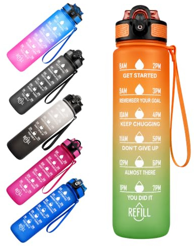 Altruva 1000ml BPA-Free Water Bottle with Straw & Time Markers | Leakproof Reusable Hydration Bottle with Measurements | Sports & School Water Bottle for Daily Use (Sunset Lime)