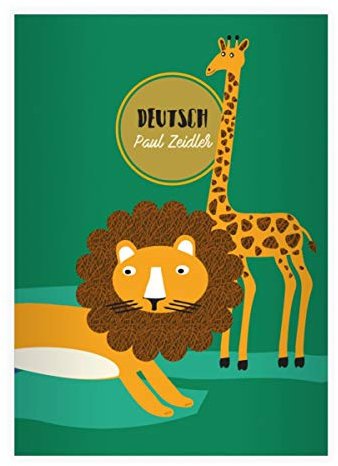 8 personalisierte Retro Afrika Wildtier DIN A4 Schulhefte, Rechenhefte mit Löwe und Giraffe, grün Lineatur 7 (kariertes Heft 16 Blatt/32 Seiten) Notizheft, Kladde für Schule, Uni, Büro