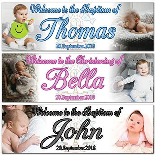 Personalisierbares Banner zur Taufe, Namenstag, Foto, Babyparty, Poster, Dekoration, 2 Stück Large blau