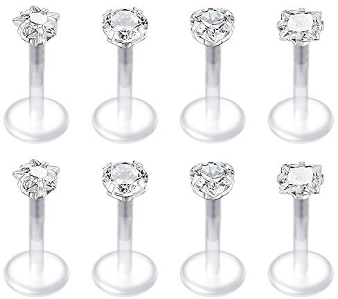 Mayhoop 8 Pz Trasparente Tragus Helix Orecchio Piercing Labbro Labret Studs Acrilico Flessibile 16G Con CZ Opal Cartilage per Donna Uomo 10mm