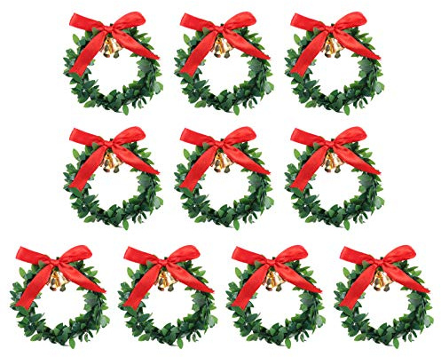 Amosfun 10 Stück Mini Weihnachtskranz Künstliche Grüne Blätter Kranz mit Bowknot Glocke Haustür Wandbehang Ornament Weihnachtsbaum für Urlaub Hochzeit