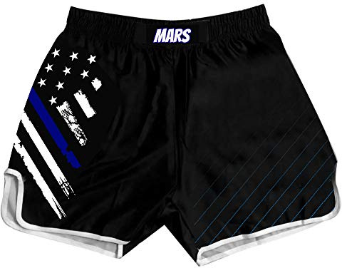 O2TEE Muay Thai Fight Shorts for Kids Men Elastic Waist Kickboxing MMA,Blue Line Flag,L