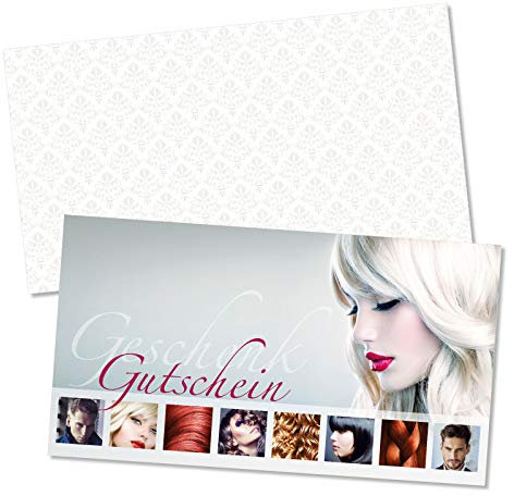 GESCHENKGUTSCHEINcom by POS-HAUER. Gutschein-Set. 25x Gutschein + Kuvert. Für Friseure Coiffeure. Blanko zum selber Ausfüllen.