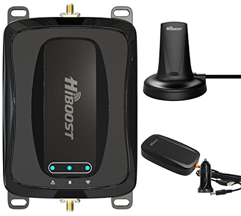 HiBoost Cell Phone Signal Booster for Car, SUV, Van. APP fine Tune MAX gain. Car Cell Phone Booster for All U.S. Carriers-Verizon AT&T T-Mobile & More, FCC Approved