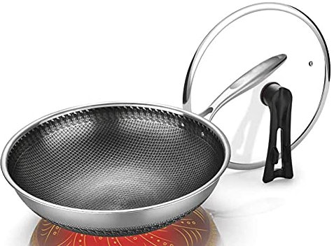 ZXFDMSWJ Wok Wok Wok Antiadherente, Wok de Acero Inoxidable 316, Sartén para el hogar, Antiadherente, Cocina de inducción, Estufa de Gas, Cocinar sin Humo, 2 Tamaño Wok Pan Antiadherente de inducción