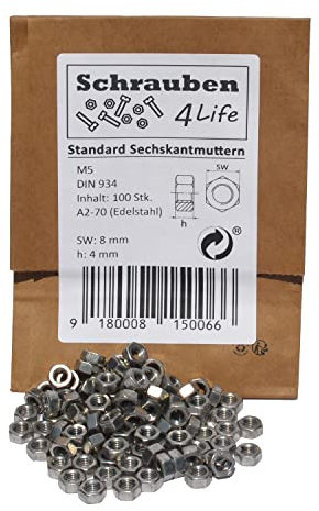 Sechskantmutter M5 Edelstahl 100Stk. Plastikfreiverpackt Schrauben4Life - A2-70, DIN934 Edelstahl, Muttern für Industrie, Garten und Haus (100, M5)