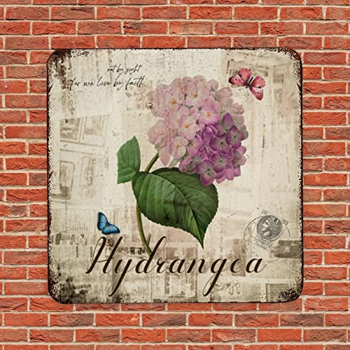 Vintage-Stil Hortensien Blumen und Schmetterlinge Vintage Metallschild Poster Schild Plakette Distressed Bar Wandschild Plakette für Bauernhaus Terrasse Dekor Raumdekoration 30,5 x 30,5 cm