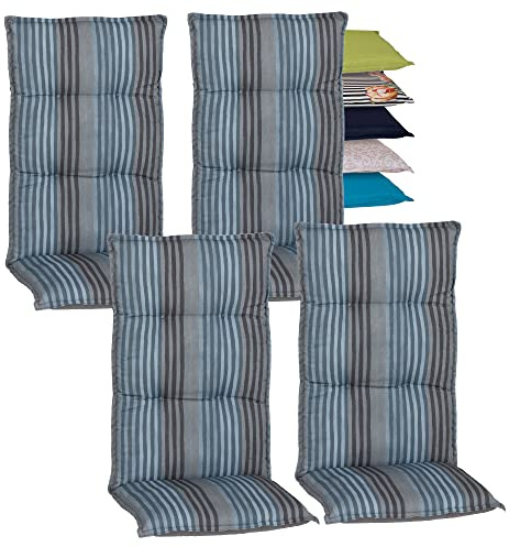 Beo Hochlehner-Auflagen 4er Set UV-beständig Turin | Made in EU Premium-Qualität | Gartenstuhl-Auflagen waschbar | Atmungsaktive Stuhlauflagen Hochlehner | Sitzauflagen mit Streifen Grau-Blau