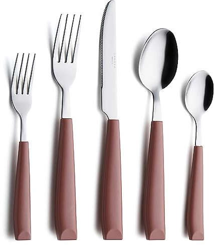 Annova 20-teiliges Edelstahl-Besteck-Set – farbige Griffe – 4 x Menuegabeln, 4 x Salatgabeln, 4 x Menümesser, 4 x Esslöffel, 4 x Teelöffel – Service für 4 (Braun)