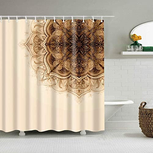 Duschvorhang 200x200 Mandala, Duschvorhänge Antischimmel 3D Beiges Muster, Shower Curtains Wasserdicht Waschbar, Duschrollo für Badewanne Dusche Badezimmer, mit 12 Ringe