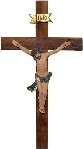 Kaltner Präsente Geschenkidee – Holzkreuz Wandkreuz Kruzifix aus Echtholz Buche Kreuz Nussbaum mit Jesus Christus Figur aus Kunststein handbemalt (Höhe 15 cm)