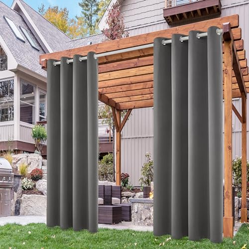 Deconovo Outdoor Vorhang Wetterfest Gardine Outdoorvorhänge Terrassen Sichtschutz Gardinen Wasserdicht Sonnenschutz für Balkon Pavillon, 245x132 cm(HöhexBreite), Grau, 2er Set