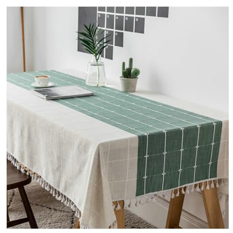 Gualiy Nappe de Table Rectangulaire, Nappe Table 140x180CM Polyester Nappe Anti Tache sans Repassage Plaid à Rayures avec Pompons Nappe pour Table à Manger Picnic Party Jardin Cuisine, Vert