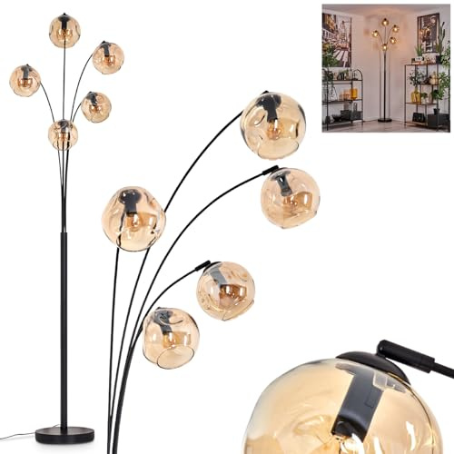 Stehleuchte Ripoll, Stehlampe aus Metall/Glas in Schwarz/Bernstein, Leuchte im modernen Retro/Vintage-Design mit Schirmen aus Glas (Ø 15 cm) u. Fußschalter, Höhe 210 cm, 5 x E14, ohne Leuchtmittel