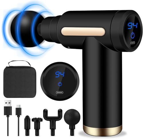AQXONG Mini pistola per Massaggio Muscolare, Pistola da Massaggio Ultra Silenziosa 45DB, 6 Velocità, 4 Testine Massaggianti, Display LCD, Massaggiatore Portatile per Alleviare i Dolori Muscolari
