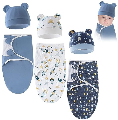 Pucksack Baby 3 Stück Set Unisex Baby Pucktuch mit Kopfschutz Mütze Baumwolle Verstellbares Wickeldecke Babyschlafsack für Säuglinge Babys Neugeborene 0-6 Monate