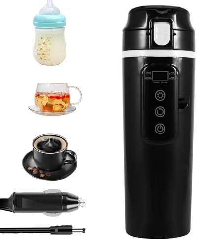 ONEVER Hervidor eléctrico de viaje para coche, 12 V/24 V, hervidor eléctrico portátil con taza de viaje climatizada, 380 ml, taza calefactora portátil con temperatura ajustable y pantalla LCD, para
