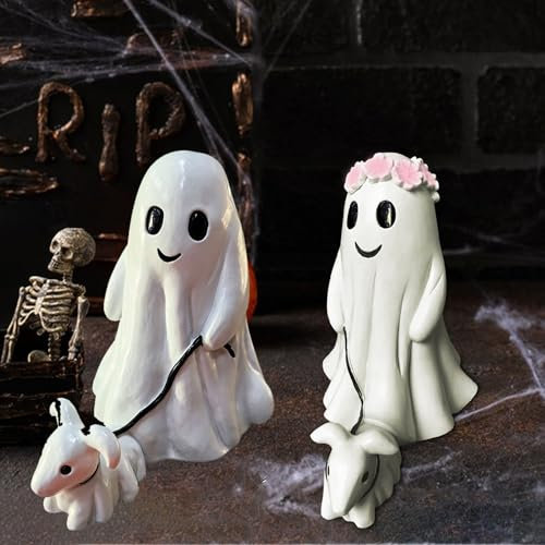 Geister Statue mit Hund, Süße Geister Und Geister Hund Figur Halloween Deko Ghost Walking Dog Statue Halloween Deko Inner Geister Führe Hund Ornament Home Decor für Halloween Tischdekoration (AB)