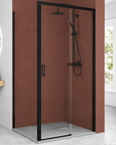 Mampara Ducha Rectangular Frontal Corredera 1 Puerta 1 Fijo | Cristal 5mm Antical Transparente | Perfil Negro 110cm (Adaptable 108,7-112,7cm) X 80cm