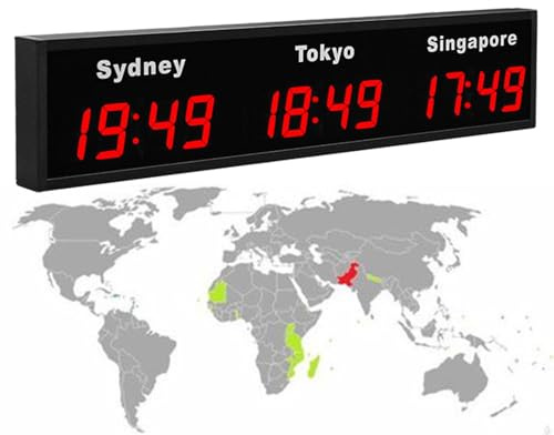 Reloj con Zonas Horarias Mundiales, Reloj Digital con Múltiples Zonas Horarias, Reloj con Hora Mundial LED, Reloj con Hora Mundial de 3/4/5 Ciudades, 12/24 Horas,3City-Red